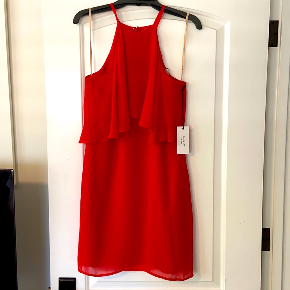 ALI & JAY Red Asymmetrical Ruffle Halter Dress